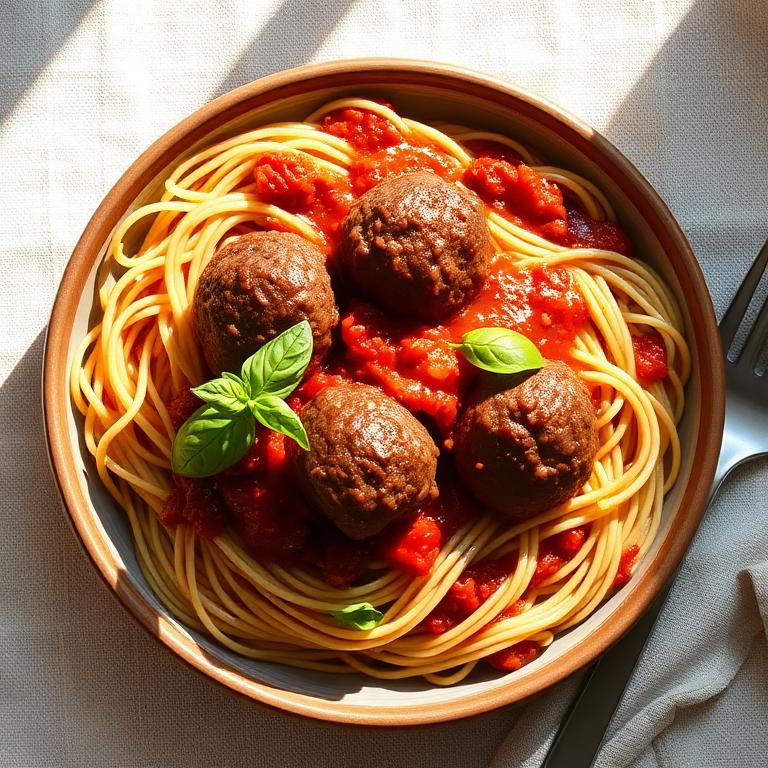 Fideos integrales con albóndigas y tomate