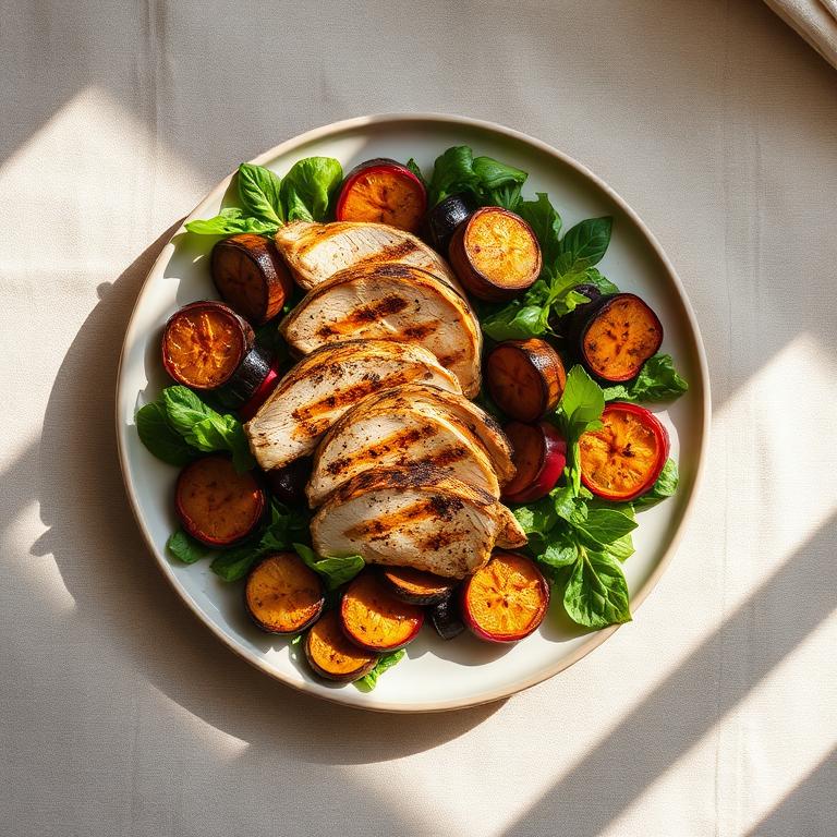 Ensalada tibia de pollo y vegetales asados