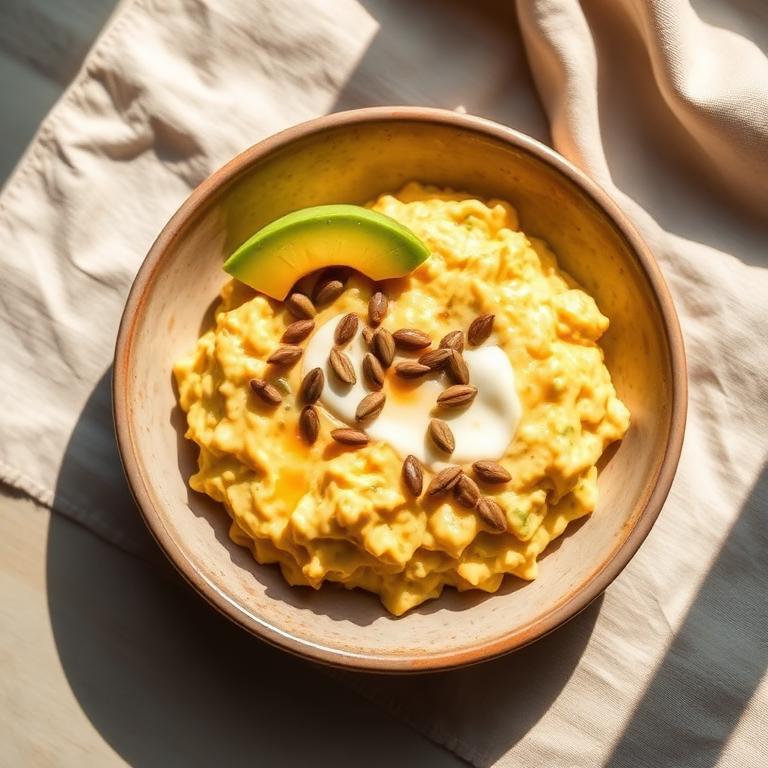 Revuelto cremoso de huevo, palta y semillas