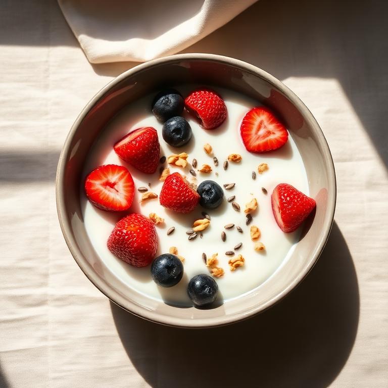 Yogur con frutos rojos, nueces y lino